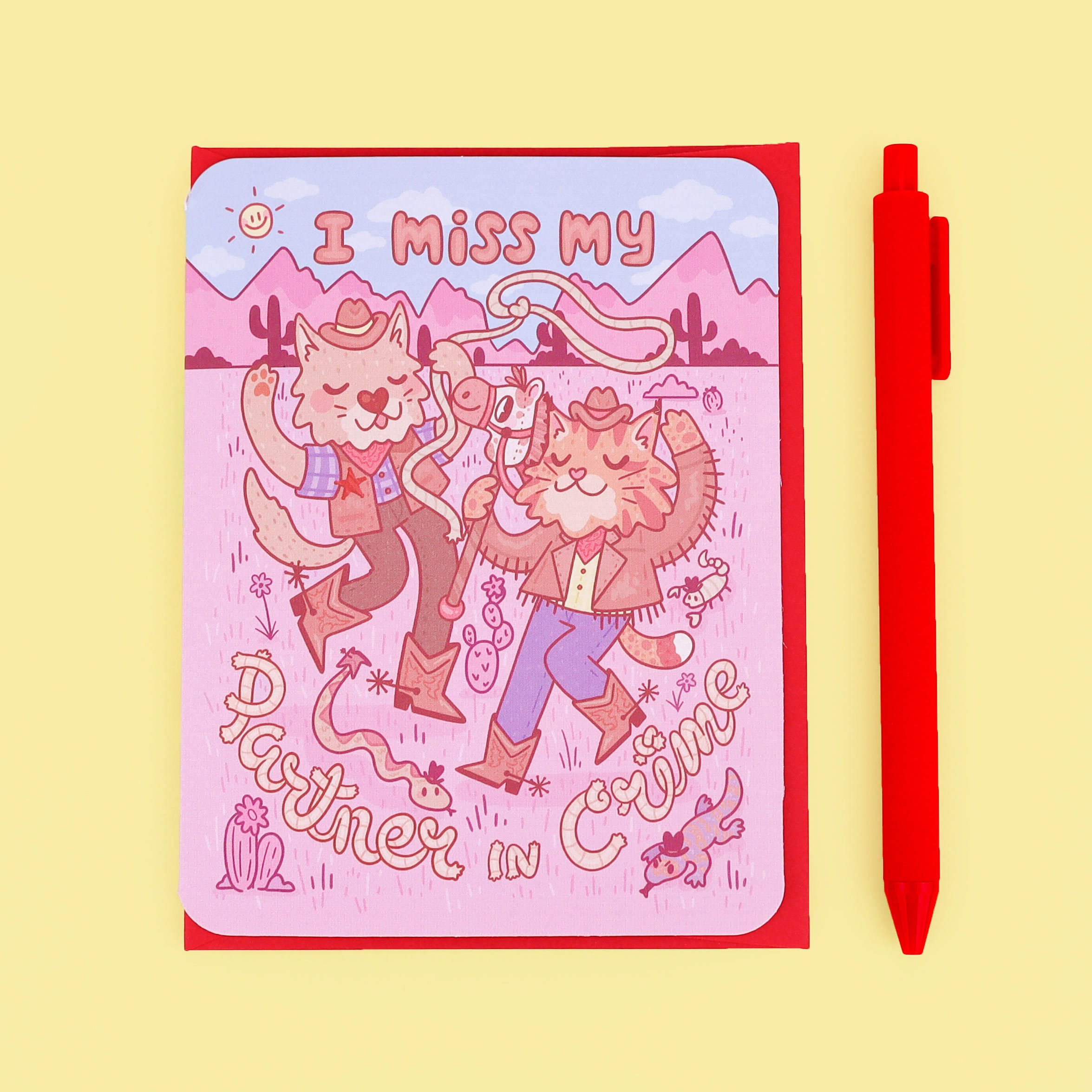 Partner In Crime, Valentine's Day, Friendship Card, I Miss You Card, Cowboy Animals, Long Distance, Cute Cowboys, Pink, Card with Envelope