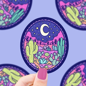 Desert Night Scene Vinyl Sticker: Waterproof Cacti Neon Moon