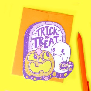 CLEARANCE Trick Or Treat, Happy Halloween Card, Ghost, Pumpkin, Cute, Die Cut, A2, Bulk Cards, Holiday Cards, Art, Friendship Card