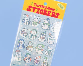 Snowman Critter Glitter Sticker Sheet: Cute Winter Animal Stickers, Bunny, Penguin, Owl, Cat, Turtle, Pig, Dog & Mouse Christmas Stickers