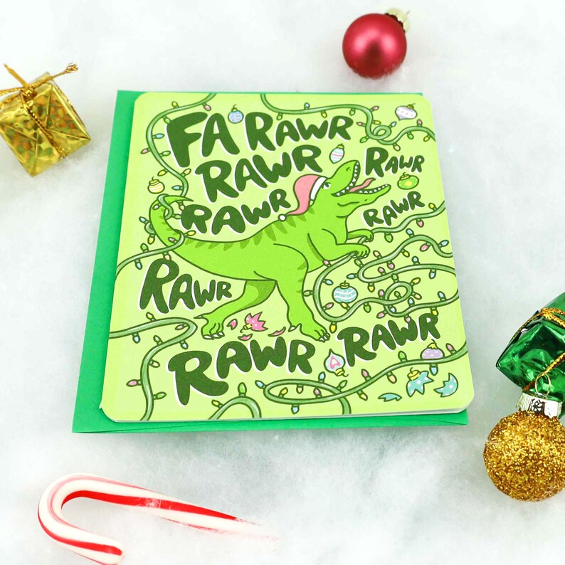 Carte de Noël drôle, carte de Noël dinosaure, Fa Rawr Rawr Rawr Rawr, Noël T Rex drôle, jolie carte de vœux, carte dinosaure, Noël Rawr image 2
