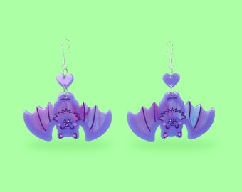 Upside Down Bat Earrings, Halloween Bat Dangle Earrings, Cute Spooky Witchy Jewelry, Hanging Bat Earrings, Gothic Critter Gift
