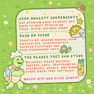 May include: Colorful cartoon illustration of a turtle with a chef's hat holding a rolling pin. The illustration is on a light green background with flowers and text that reads "High Quality Ingredients", "Rain or Shine", "The Places They Can Stick", and "Where will you stick yours?"