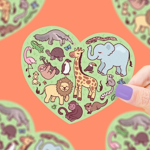 Zoo Animal Heart Sticker: Giraffe, Elephant, Lion Vinyl Decal