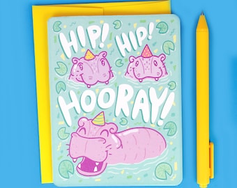 Hip Hip Hooray, Funny Hippo Card, Graduation, Hippopotamus, Congratulations, Celebration, Graduation Card, Animal Stationery, Art, Cute