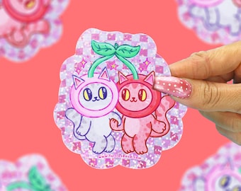 Besties Kitty Cherries Sticker, Cute Cat Best Friends Glitter Vinyl, Cherry Kawaii Sticker, Cat Lover Gift, Cute Friendship Decal