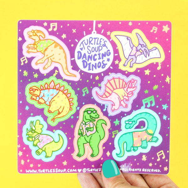 Dancing Dinosaurs Sticker Sheet, Cute Vinyl Decals, For Planner, Art, Water Bottle Stickers, Laptop Decals