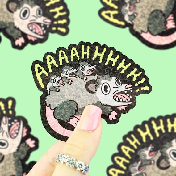 Screaming Opossum Glitter Sticker: Sparkly Trash Animal Shiny Possum Babies Glittery Vinyl Decal