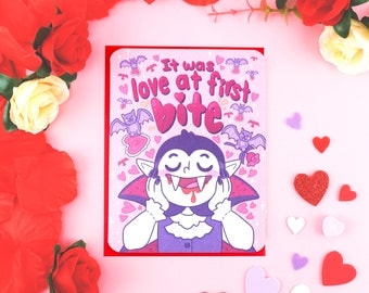 Valentine's Day Love Card, I Was Love at First Bite Vampire Love Card, Vampire Anniversary Day, Folklore Love Card, Vampire Bats, Monster