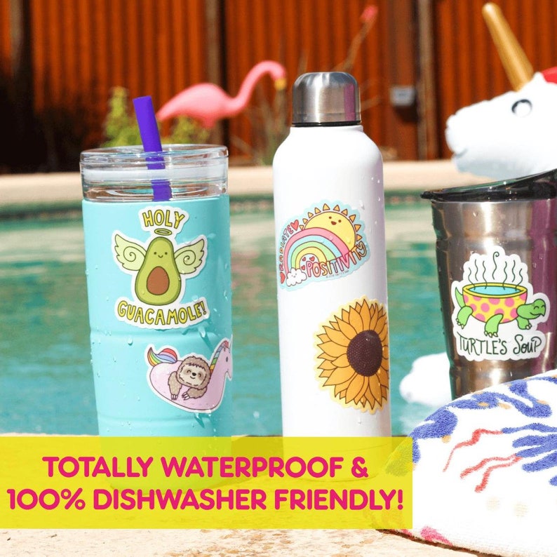 May include: Three stainless steel water bottles with colorful stickers. The stickers feature a sunflower, a rainbow with the word "positivity", a turtle with a bowl of soup, an avocado with angel wings and the words "Holy Guacamole", and a sloth riding a unicorn. The text "Totally Waterproof & 100% Dishwasher Friendly!" is at the bottom of the image.