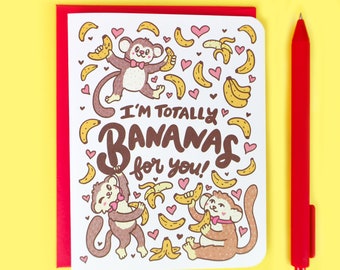 Funny Love Card, Anniversary Card, Bananas For You, Monkey Cute Love Card, Anniversary, Boyfriend, Girlfriend, Wife, Husband, Cheeky