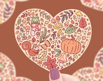 Autumn Heart Sticker: Fall Leaves, Pumpkin, Squirrel - Waterproof Decal