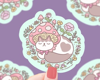 Mushroom Cap Kitty Sticker, Vinyl Sticker, Waterproof, Water bottle sticker, Cute Cats, Cute Mushrooms, Funny Cat, Plants, Cat Lover Gift