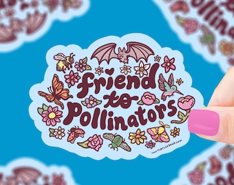 Friend to Pollinators Sticker, Vinyl, Waterproof, Water Bottle Sticker, Flower Sticker, Bats, Wildlife, Nature, Animal Friends, Cute Sticker