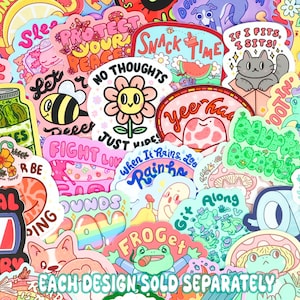 May include: A collection of colorful stickers with various designs and phrases, including "Protect Your Peace", "No Thoughts", "Just Vibe", "Yeehaw", "When It Rains, Let It Rain", "Frogget", "Git Along", and "Each Design Sold Separately".