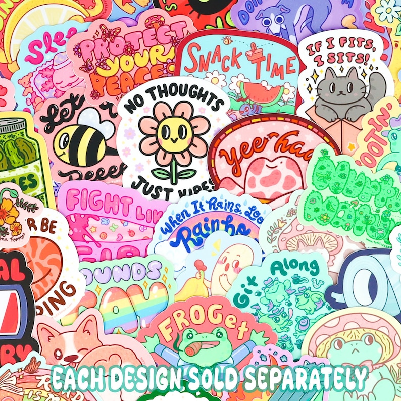 May include: A collection of colorful stickers with various designs and phrases, including "Protect Your Peace", "No Thoughts", "Just Vibe", "Yeehaw", "When It Rains, Let It Rain", "Frogget", "Git Along", and "Each Design Sold Separately".