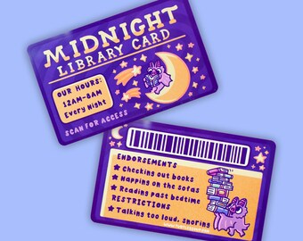 Midnight Library Card Novelty ID, Bat Reading Book on Moon, Funny Library Card, Book Lover Gift, Reader Gift, Bookish Decor