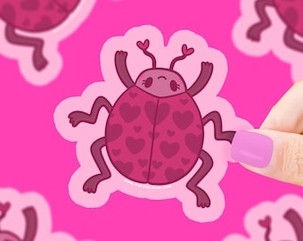 Ladybug Love Vinyl Sticker: Pink Hearts, Waterproof