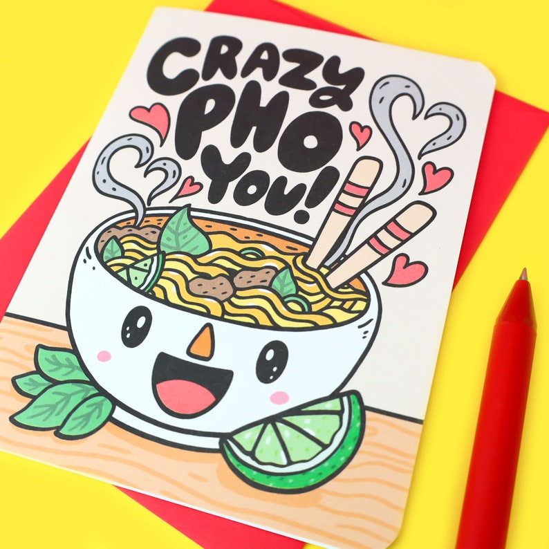 Crazy Pho You Card, Funny Valentine's Day Card, Pun Love Card, Take Out, Foodie Birthday Card, Cute Love Card, Kawaii Love Card, Cute image 2