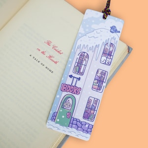 Winter Bookstore Reversible Tassel Bookmark, Day & Night Snowy Bookshop Bookmark, Double Sided Reading Gift, Cozy Book Lover Accessory