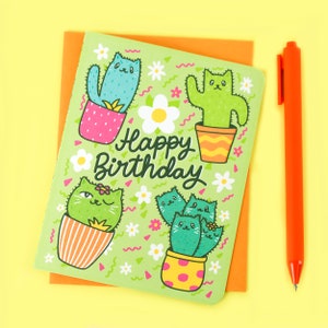 Carte d'anniversaire chat cactus, carte d'anniversaire, carte cactus, carte succulente, carte motif chat, carte plante, carte cactus joyeux anniversaire, joli anniversaire
