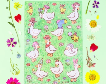 Ducks with Hats Sparkle Sticker Sheet: Kawaii Animals Cute Funny Flower Themed Little Hats Accessories Glitter Kiss-Cut Sticker Sheet