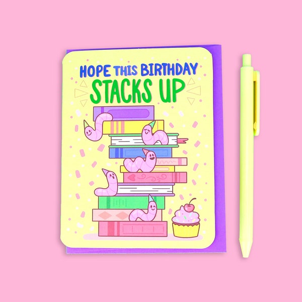 Hope This Birthday Stacks Up, Bookish Birthday Card, Bookworm Birthday Card, Cute Book Lover Bday Gift