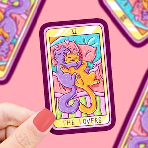 Sticker chat carte de tarot The Lovers, Sticker sorcière, couple de chats, Sticker vinyle chat, chats mignons, cadeau pour amoureux des chats, Sticker vinyle
