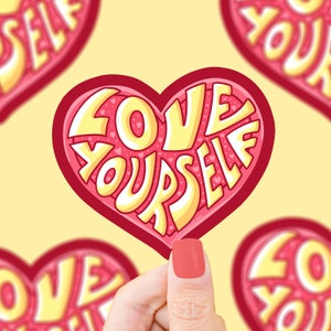 Love Yourself Vinyl Sticker, Self Care Sticker, Self Love, Motivational Sticker, Laptop Sticker, Heart Shaped Sticker, Typography