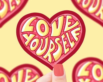 Love Yourself Vinyl Sticker, Self Care Sticker, Self Love, Motivational Sticker, Laptop Sticker, Heart Shaped Sticker, Typography