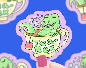 Tea Rex Sticker, Vinyl, Waterproof, Water Bottle Sticker, Funny Puns, Dinosaurs, Dino Sticker, Foodie Gift, Pastel, Tea Lover, T-Rex