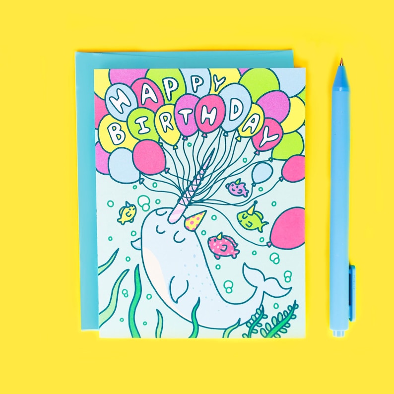 Happy Birthday Narwhal Card, Cute Birthday Card, Kids Birthday - Etsy