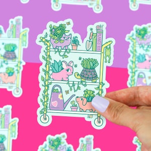 Planter Pets Vinyl Sticker, Planter Pets on Garden Cart, Cute Garden Shelf Sticker, Plant Shelf Decal, Sticker for Journal, Laptop, Phone