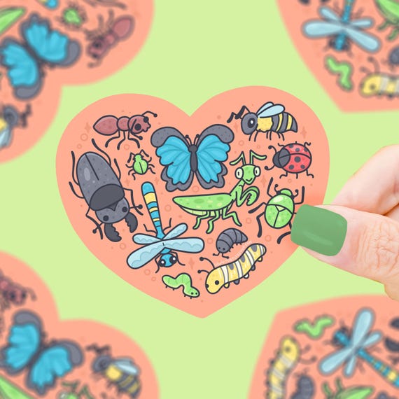 Cute Bugs Heart Sticker, Insects, Butterfly, Honeybee, Bug Lover, Ladybugs, Summertime, Beetle, Outdoorsy, Bug Collector, Waterproof Sticker