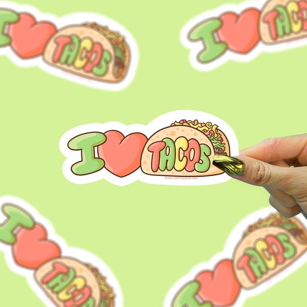 I Love Tacos Vinyl Sticker | Waterproof Taco Lover Sticker | Cute Illustrated Typography Decal for Laptop, Water Bottle and Car