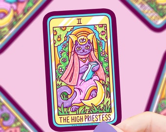 The High Priestess Tarot Card Cat Sticker, Witchy Sticker, Wise Mystical Cat, Cat Vinyl Sticker, Silly Cat, Cat Lover Gift, Vinyl Sticker