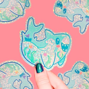 Great White Kawaii Shark Ocean Dreamy Liquids Glitter Vinyl Sticker