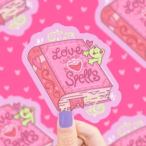 Autocollant sorts d'amour Saint-Valentin, sorcière pastel, grenouilles, livre magique, romantique, grenouille, sorcellerie, cadeau pour couple, autocollant en vinyle imperméable