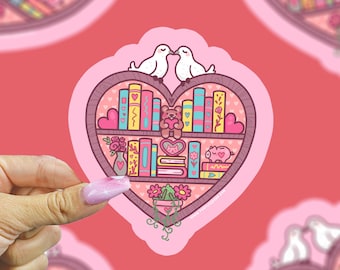 Heart Bookshelf Vinyl Sticker, Romantic Book Lover Decal, Dove & Heart Sticker, Valentine's Day Reading Gift, Bookish Waterproof Sticker