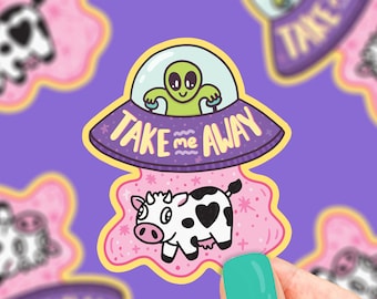 Take Me Away, UFO Sticker, Flying Saucer, Alien Sticker, Space, Sci Fi, Pop Culture, Geek, Conspiracy, Abduction Decal, Extraterrestrial