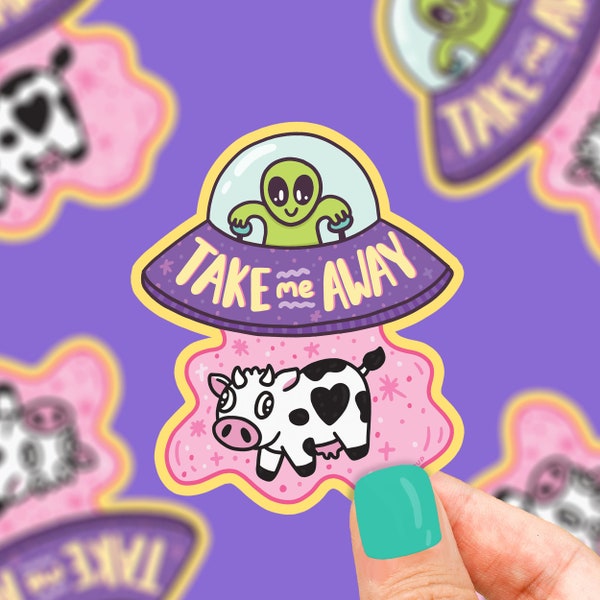 Take Me Away, UFO Sticker, Flying Saucer, Alien Sticker, Space, Sci Fi, Pop Culture, Geek, Conspiracy, Abduction Decal, Extraterrestrial