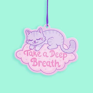 May include: A pink cloud with a purple cat sleeping on it. The cloud has the text "Take a Deep Breath" in pink letters.