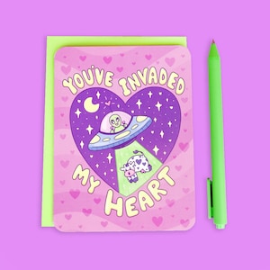Vous avez envahi mon coeur, carte de Saint-Valentin, extraterrestre, Saint-Valentin drôle, enlèvement dans l'espace, jolie carte de coeur, vaisseau spatial, OVNI, Saint-Valentin avec carte