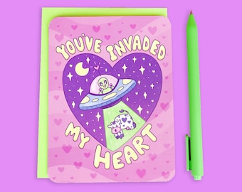 Vous avez envahi mon coeur, carte de Saint-Valentin, extraterrestre, Saint-Valentin drôle, enlèvement dans l'espace, jolie carte de coeur, vaisseau spatial, OVNI, Saint-Valentin avec carte