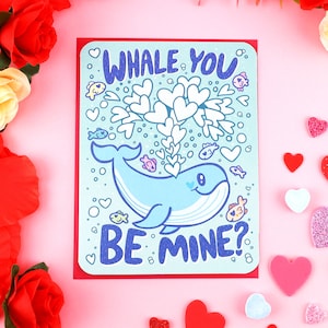 Tu es à moi, carte aquatique de Saint-Valentin, carte d'amour de calembour de baleine, carte d'amour de Punny, calembour de Saint-Valentin, carte de poisson, valentine illustrée mignonne