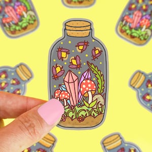 Terrarium Sticker, Cottagecore, Fantasy, Vinyl Stickers, Star Jar, Lightning Bugs, Crystals, Succulent Garden, Mushroom, Cute Decals