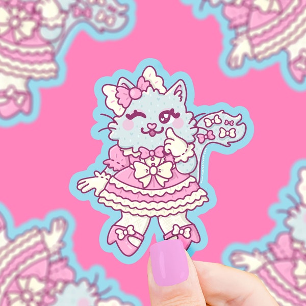 Lolita Fashion Kitty Waterproof Vinyl Sticker, Catlita Sticker, Kawaii Cat Decal, Japanese Fashion, Pastel Sticker