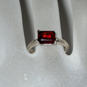Garnet ring emerald cut, solitaire - garnet ring silver, silver gold plated or rhodium plated birthstone stacking ring vintage red