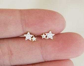 Double Star Stud Earrings, Pave Star Studs, Celestial Star Earrings, Shooting Star Earrings, CZ Gold Star Studs, CZ Silver Star Earrings