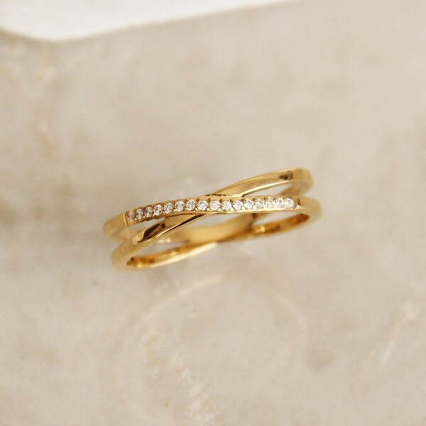 Crossed Double Band Pave Ring - Minimalist Ring, Pave Gold Filled Ring, Double Connected Ring, Layering Ring, Double Band Ring, Stacking